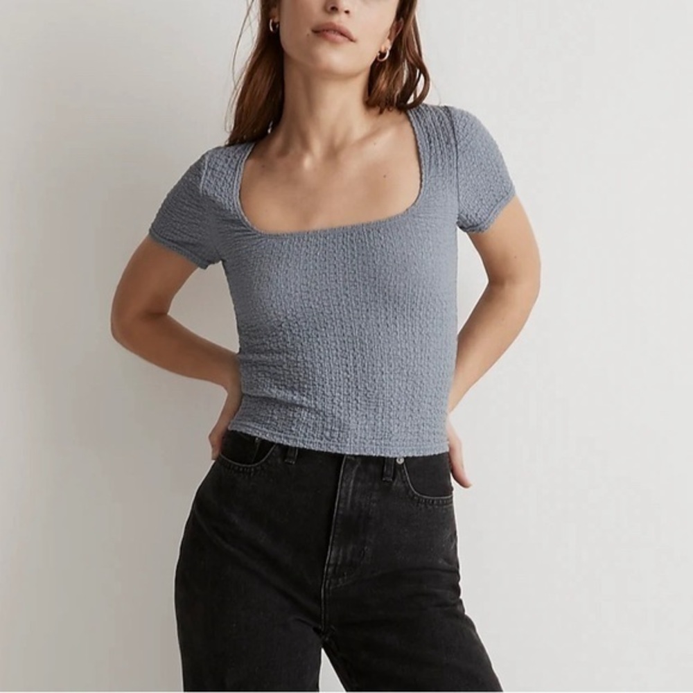 Madewell Light Blue Short Sleeve Smocked Square Neck Top